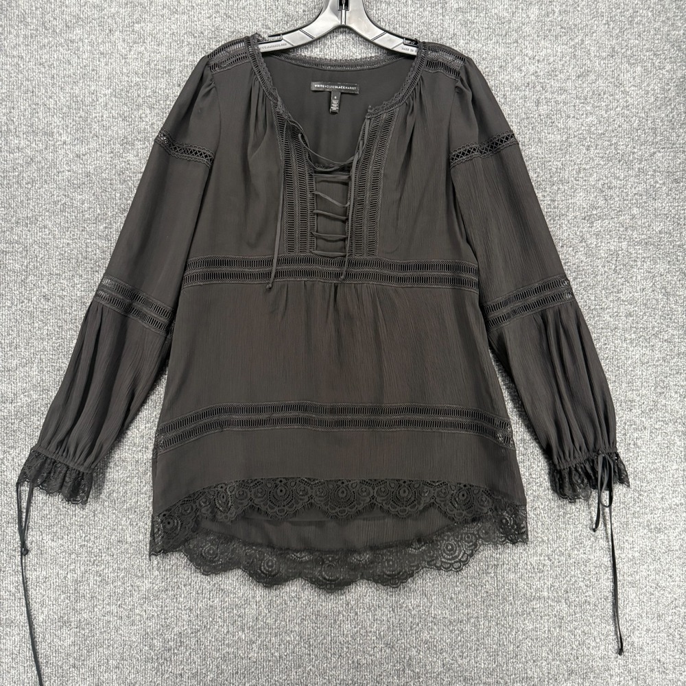 White House Black Market Blouse Top Womens 6 Black V-Neck Whimsigoth Dark Fairy